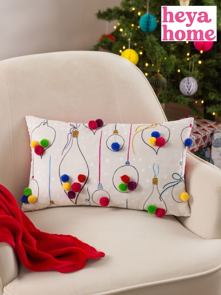 heya home Pink FestiveVal Christmas Baubles PomPom Polyester Filled Cushion (Q83635) | £19