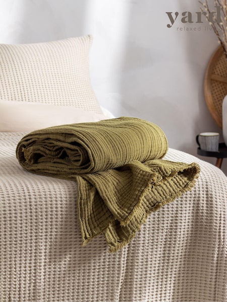 Yard Khaki Green Lark 4 Layer Muslin Crinkle 100% Cotton Throw (Q83671) | £36