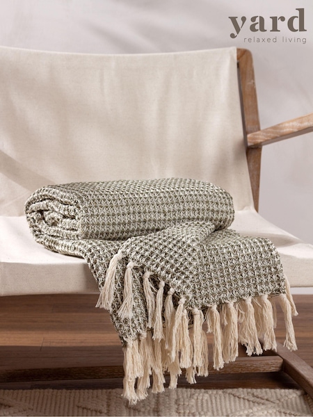 Yard Lichen Green Lorne Waffle Fringed 100% Cotton Throw (Q83703) | £28