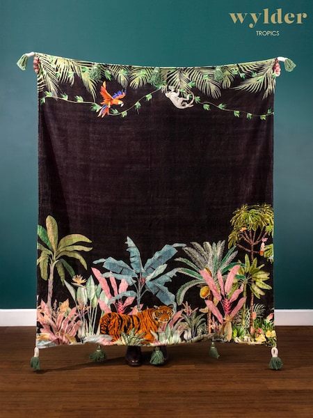 Wylder Black Midnight Jungle Velvet Tasselled 100% Cotton Throw (Q83898) | £68