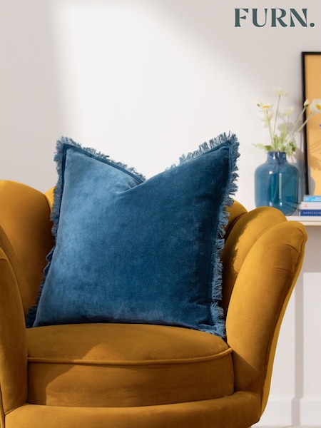 Furn Ink Blue 45 x 45cm Gracie 100% Cotton Velvet Fringed Feather Filled Cushion (Q83919) | £24