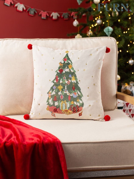 Furn Cream Deck The Halls Tree Embroidered  Polyester Filled Cushion (Q83958) | £17