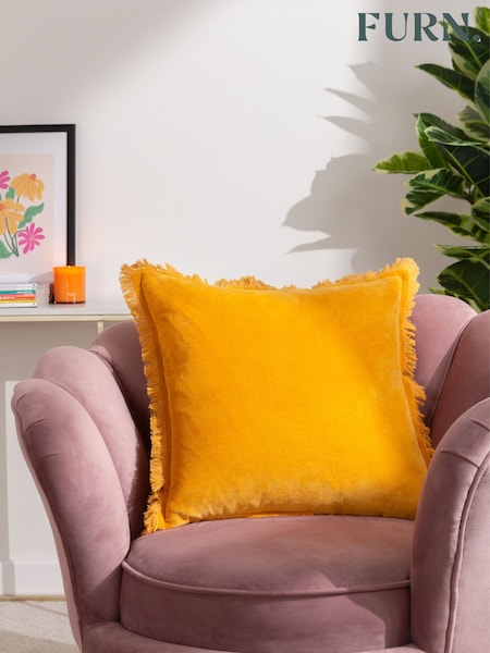 Furn Mustard 45 x 45cm Gracie 100% Cotton Velvet Fringed Polyester Filled Cushion (Q83970) | £18