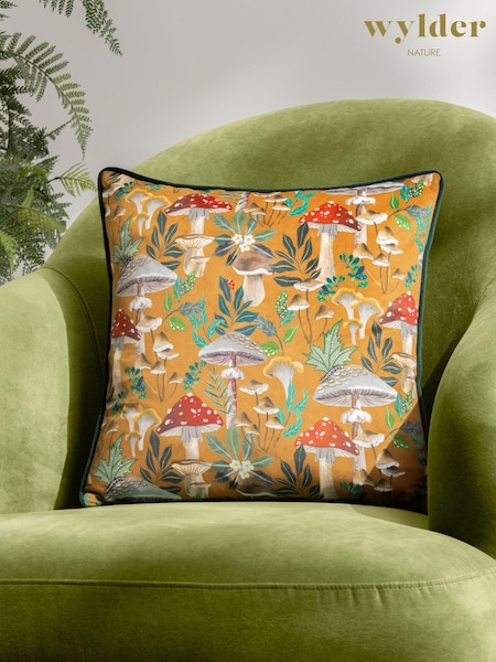 Wylder Nature Orange Wild Garden Mushroom Repeat Velvet Piped Polyester Cushion (Q83999) | £20