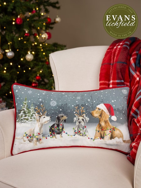 Evans Lichfield Grey Christmas Dogs Piped Polyester Filled Cushion (Q84014) | £19