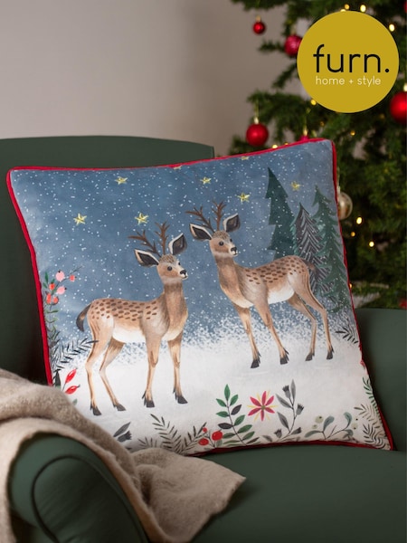 Furn Cream Ditsy Festive Reindeer Velvet Piped Polyester Fill Christmas Cushion (Q84047) | £17