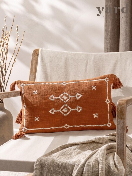 Yard Pecan Brown Folis Embroidered Polyester Filled 100% Cotton Cushion (Q84070) | £17