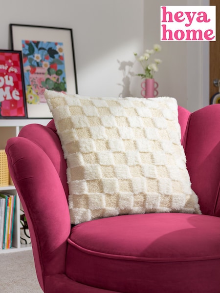 heya home Cream Check It Boucle Fleece Feather Filled Cushion (Q84100) | £20