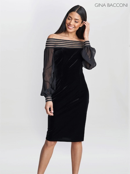 Gina Bacconi Taylor Velvet Off The Shoulder Black Dress (Q85397) | £95