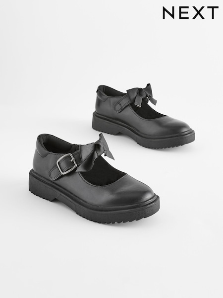 Matt Black Standard Fit (F) Leather Bow Chunky Mary Jane School Shoes (Q86105) | £35 - £42