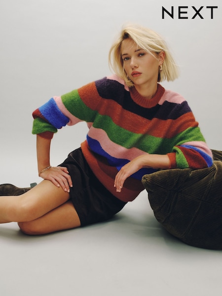 Multi Stripe - Long Sleeve Crew Neck Knitted Jumper With Wool