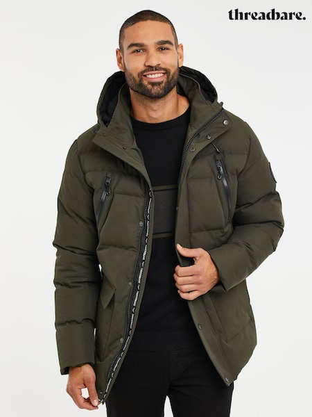 Threadbare Khaki Green Hooded Showerproof Puffer Coat (Q86517) | £75