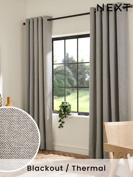 Grey Herringbone Weave Blackout/Thermal Eyelet Curtains (Q86913) | £75 - £165