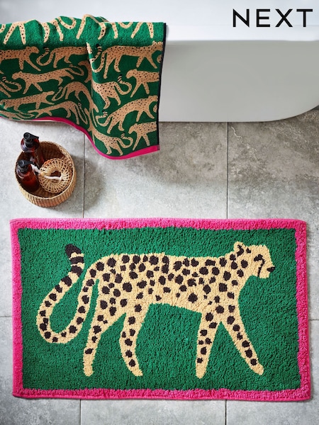 Green Cheetah Animal Print 100% Cotton Bath Mat (Q87151) | £18
