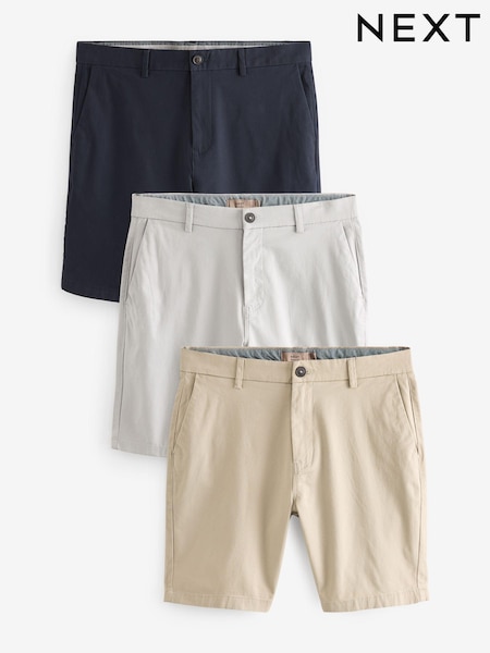Navy Blue/Grey/Stone Skinny Fit Stretch Chinos Shorts 3 Pack (Q87184) | £56
