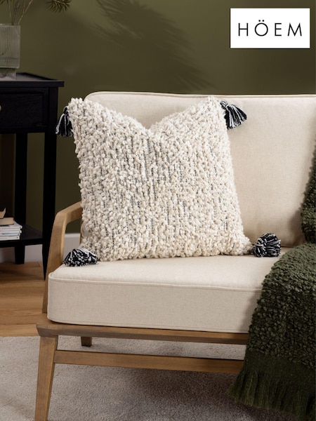 HÖEM Black Cambre Boucle Tasselled Feather Filled 100% Cotton Cushion (Q88649) | £32