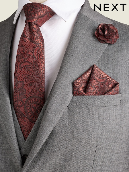 Rust Orange Textured Paisley Tie, Pocket Square And Pin Set (Q88885) | £20