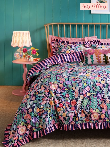 Lucy Tiffney Navy Floral Ruffle 180 Thread Count Duvet Cover and Pillowcase Set (Q89401) | £50 - £85