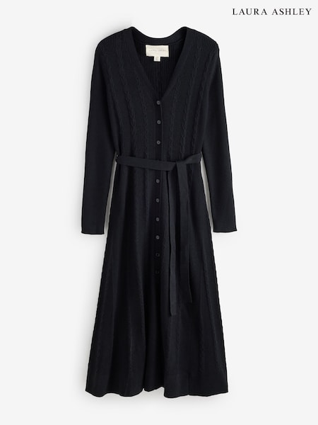 Black - Belted Cable Knit Midi Dress