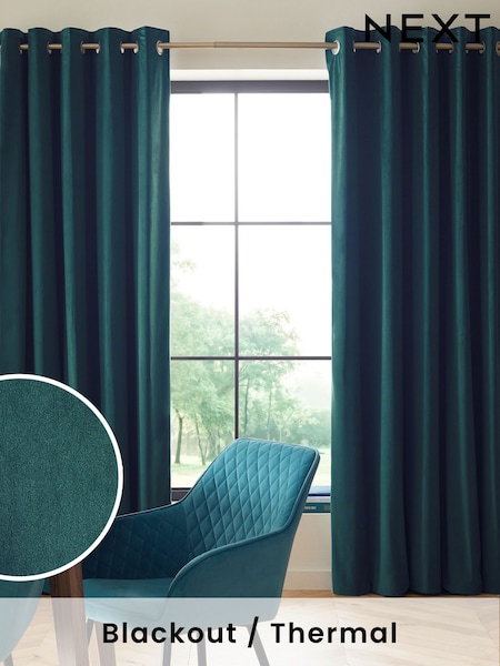 Blue Dark Teal Matte Velvet Blackout/Thermal Curtains (Q89969) | £50 - £135