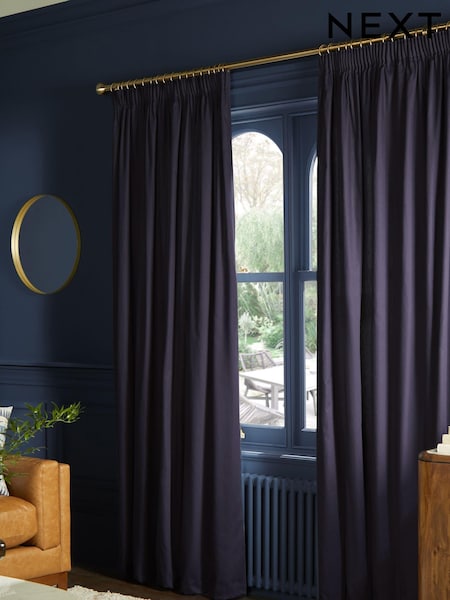 Blue Navy Cotton Lined Pencil Pleat Curtains (Q89977) | £20 - £90