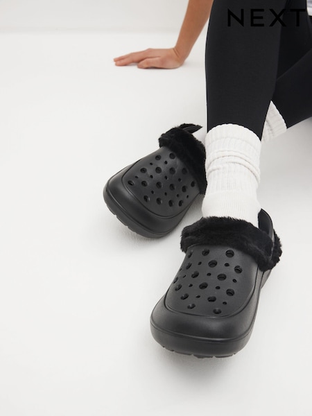 Black Womens Faux Fur Lined Clogs Slippers (Q90077) | £18