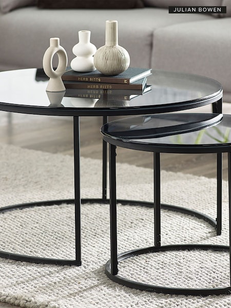 Julian Bowen Smoked Glass and Black Chicago Round Nesting Coffee Tables (Q90327) | £150