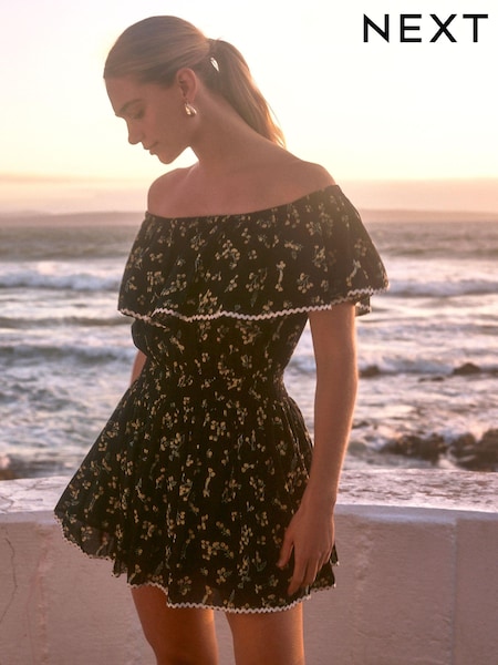 Black Ditsy Off Shoulder Summer Skort 100% Cotton Floral Dress (Q90772) | £14