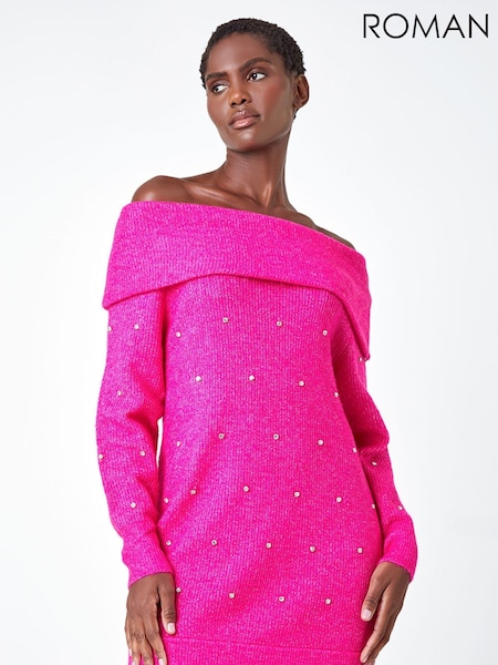 Roman Pink Sparkle Embellished Bardot Jumper (Q91054) | £36