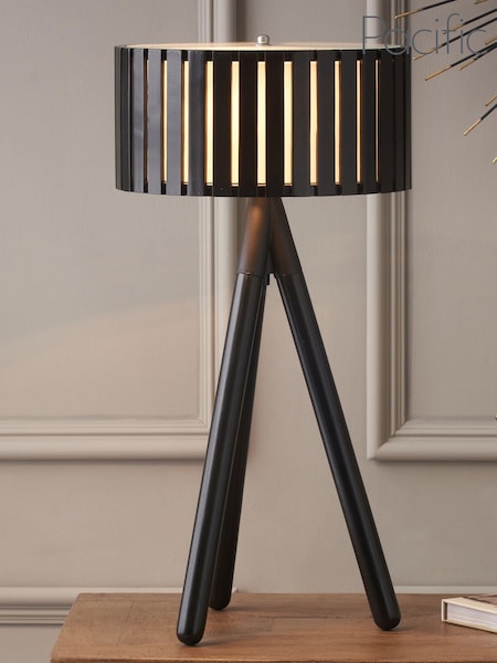 Pacific Black Rabanne Slatted Wood Tripod Table Lamp (Q91524) | £100