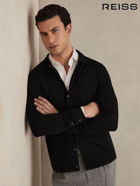 Reiss Black Forbes Merino Wool Button-Through Cardigan (Q92967) | £118