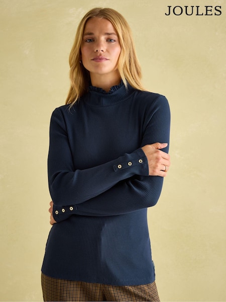 Joules Amy Navy Blue Ribbed Long Sleeve High Neck Jersey Top (Q94434) | £29.95