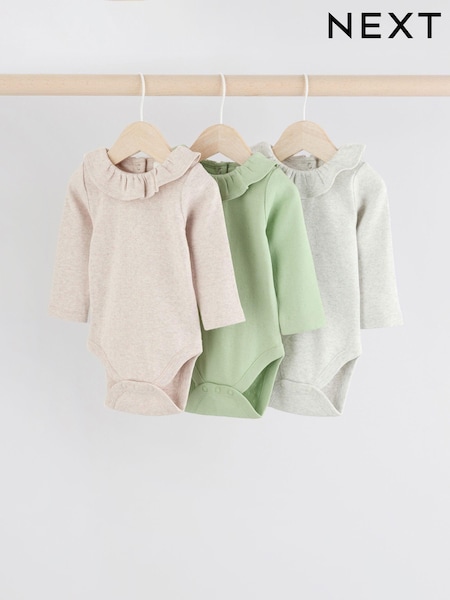 Sage Green/ White/ Grey Pointelle Baby Long Sleeve 100% Cotton Bodysuits 3 Pack (Q95156) | £16 - £18