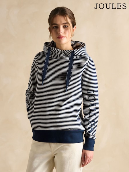 Joules Rushton Navy Blue Stripe Cotton Cowl Neck Hoodie (Q95838) | £59.95