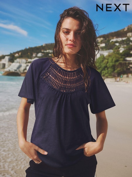 Navy Short Sleeve Crochet Bubblehem 100% Cotton Top (Q96540) | £12.50