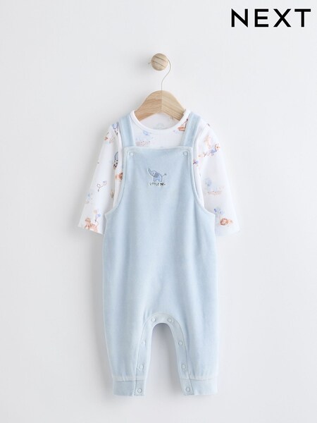 Blue Elephant Print Baby Velour Dungarees and Bodysuit Set (0-18mths) (Q96668) | £18 - £20