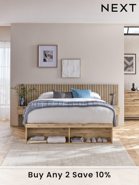 Light Oak Effect Bronx Wooden Hotel Bed Frame with Platform Storage and Bedside Tables (Q96760) | £1,165 - £1,265