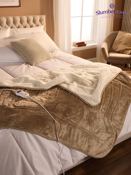 Slumberdown Natural Cosy And Snug Sherpa Fleece Heated Throw (Q97096) | £80
