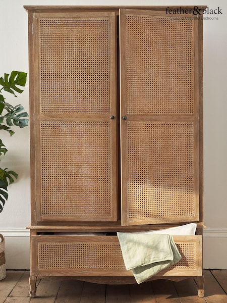 Feather & Black Weathered Oak Sienna Double 1 Drawer Rattan Wardrobe (Q97805) | £2,200