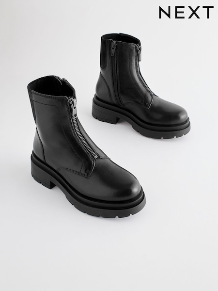 Black Leather Zip Front Chunky Chelsea Boots (Q97853) | £36 - £43