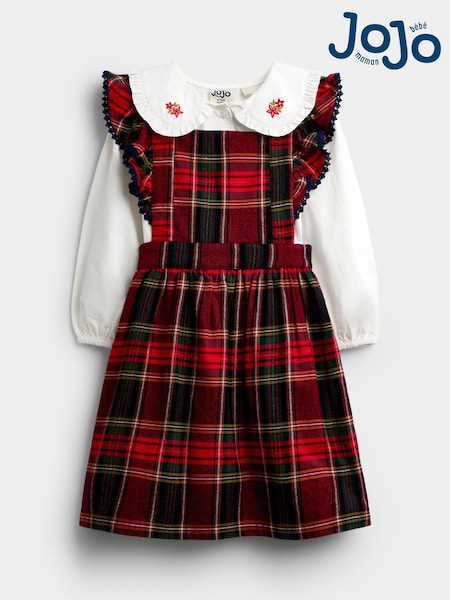 Burgundy Red Tartan - Jojo Maman Bébé Embroidered Pinny Dress & Blouse Set