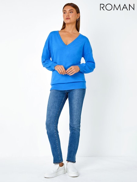 Roman Blue V-Neck Long Sleeve Jumper (Q98125) | £32