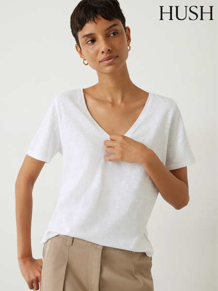Hush White Kali 100% Cotton Slub V-Neck T-Shirt (Q98549) | £29