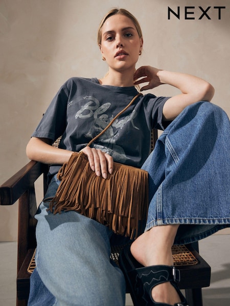 Tan Brown Leather Fringe Cross-Body Bag (Q98851) | £35