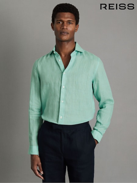 Reiss Bermuda Green Ruban Linen Button-Through Shirt (Q99090) | £38
