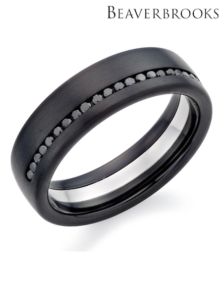 Beaverbrooks Mens Platinum and Zirconium Diamond Wedding Black Ring (Q99185) | £950