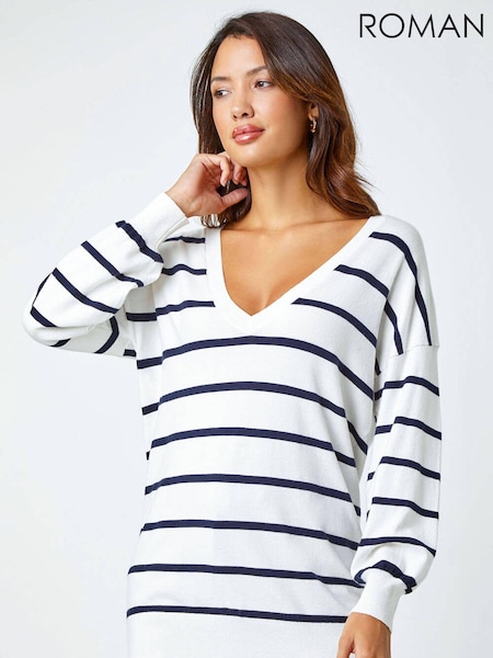Roman White Stripe Print Knitted Jumper (Q99833) | £32