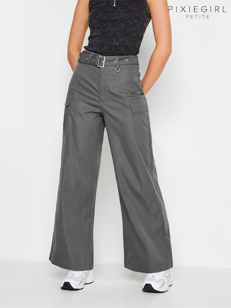 PixieGirl Petite Grey Belted Wide Leg Cargo Trousers (Q99968) | £37