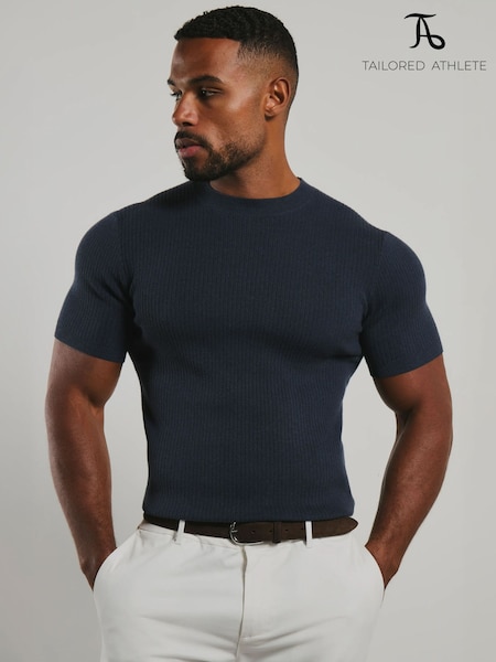 Blue - Regular Tailored Athlete Muscle Fit Soft Knitted Ribbed T-shirt