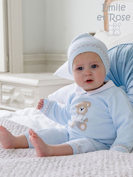 Blue - Emile Et Rose Milo Knitted All-in-one With Large Teddy Motif & Hat